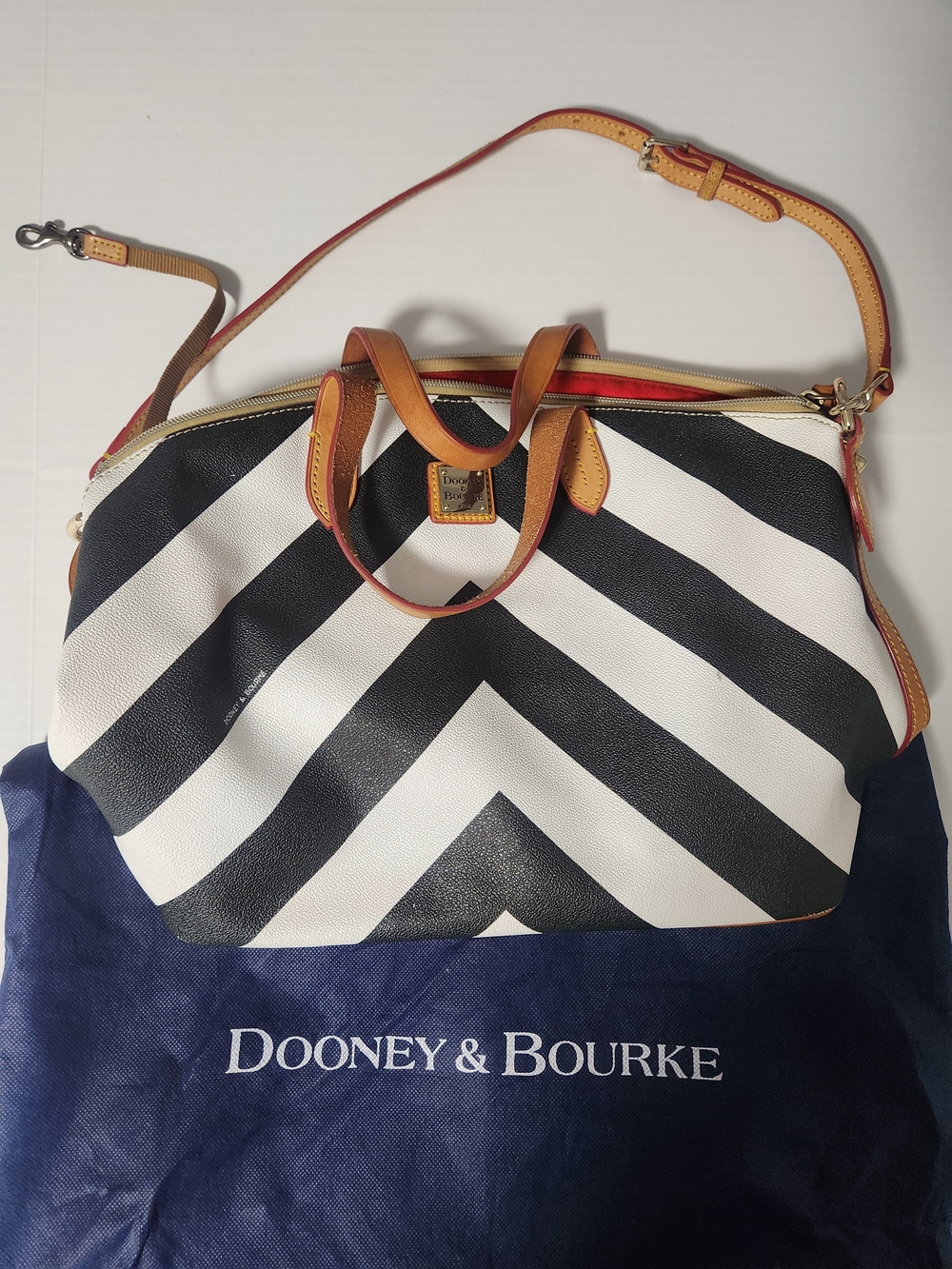 Dooney & Bourke Black and White Chevron Tote with Tan Trim